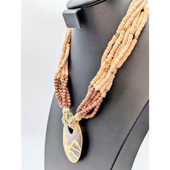 Seven Strand Wood Bead Gold Tone Shell Mountain Scene Disk Pendant 20" Necklace - Picture 4 of 8